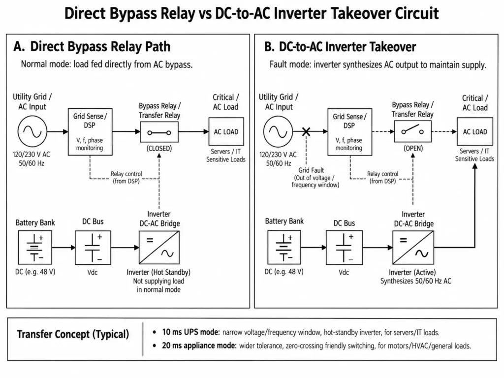 Direct bypass relay vs DC-to-AC inverter takeover circuit for fast UPS transfer switching.