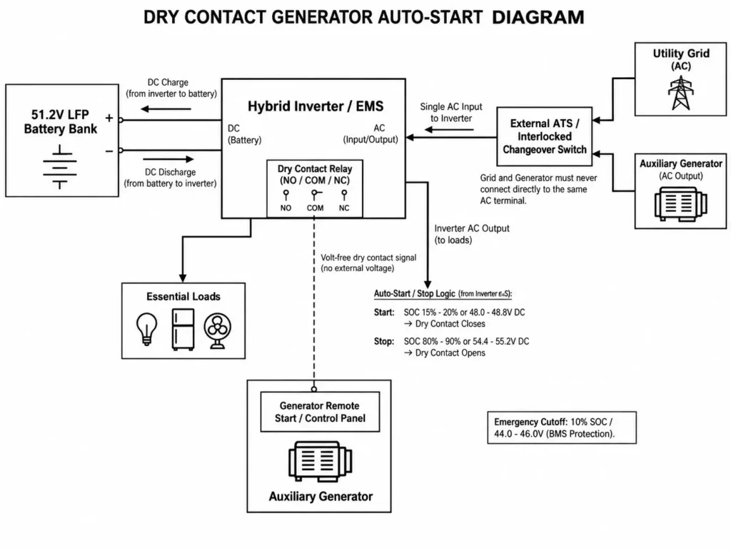 Dry contact generator auto-start diagram showing hybrid inverter relay control and ATS wiring.