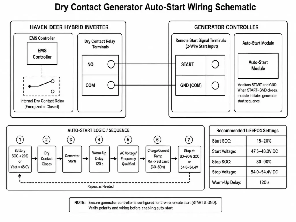 Dry contact generator auto-start wiring diagram linking inverter relay to generator control.