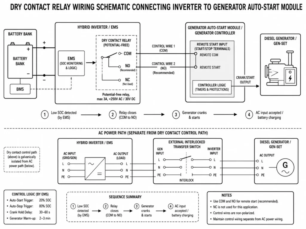 Dry contact relay wiring schematic connecting inverter EMS to generator auto-start module with remote start control.