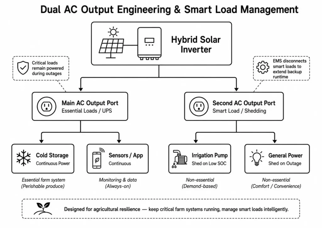 Dual AC output smart load management diagram showing hybrid inverter essential loads and automated load shedding.