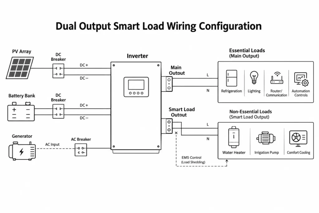 Inverter surge power in a dual output smart load wiring configuration for hybrid solar inverters.