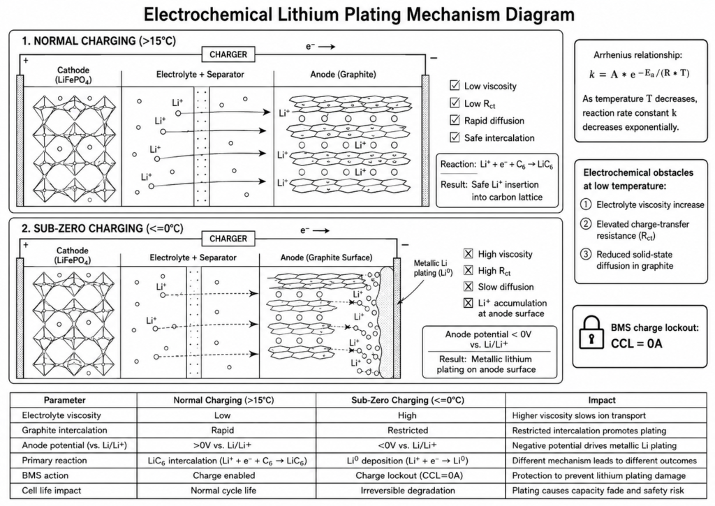 Electrochemical lithium plating mechanism diagram showing normal LiFePO4 charging above 15°C versus sub-zero charging below 0°C, including lithium ion intercalation, electrolyte resistance increase, graphite anode lithium plating, and BMS charge lockout protection.