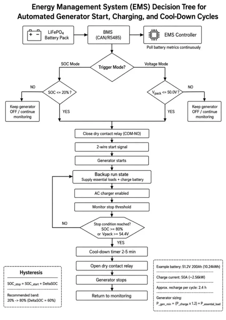 Energy Management System (EMS) decision tree showing automated generator start, battery charging, hysteresis control, cool-down timer, and shutdown logic based on LiFePO4 battery SOC and voltage thresholds.