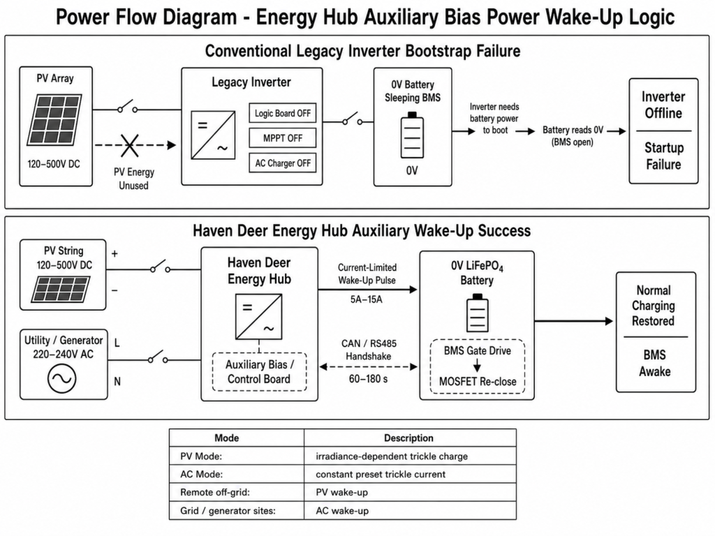 Power flow diagram showing Haven Deer Energy Hub auxiliary bias power wake-up logic with PV and AC utility inputs activating a sleeping 0V LiFePO4 battery BMS through a controlled wake-up pulse, CAN RS485 communication handshake, and MOSFET re-closure sequence.