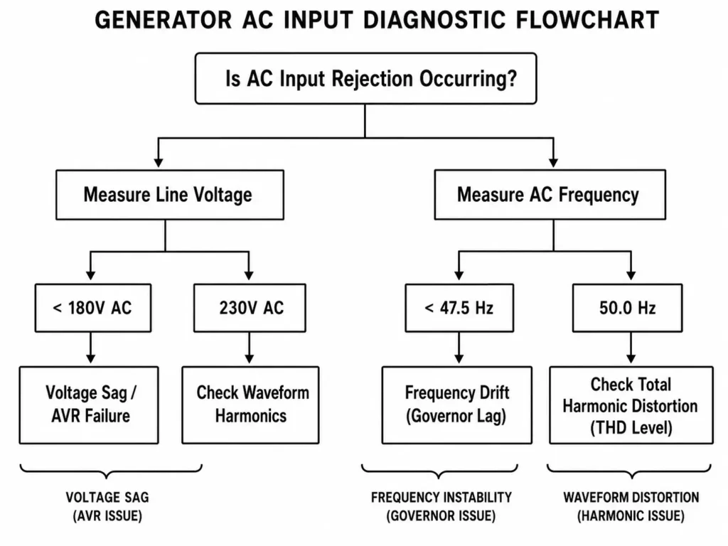 Generator AC input diagnostic flowchart for voltage sag, frequency drift, and harmonic distortion.