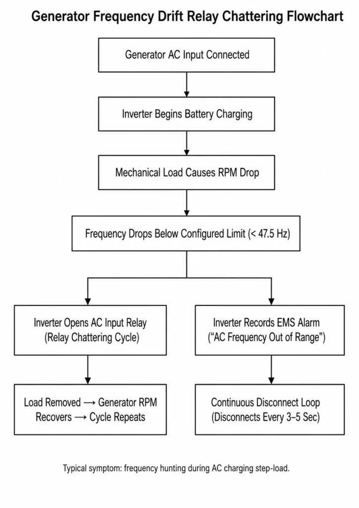 Generator frequency drift relay chattering flowchart showing RPM drop, EMS alarms, and repeated AC disconnect cycles.