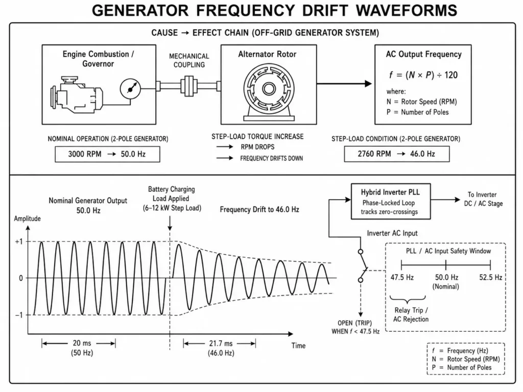 Generator frequency drift waveforms showing RPM drop, PLL tracking, and inverter AC rejection.