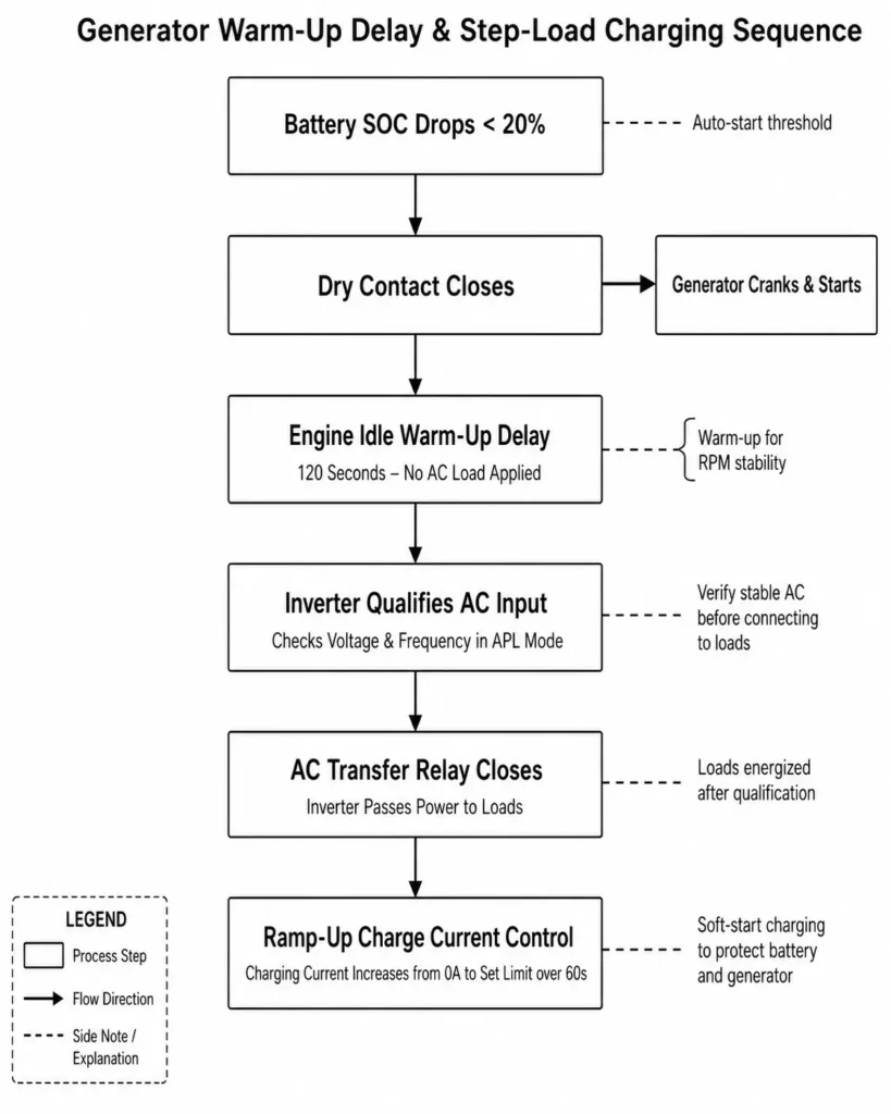 Generator warm-up step-load charging sequence flowchart showing SOC trigger, dry contact start, warm-up delay, AC qualification, relay closure, and charging ramp-up.