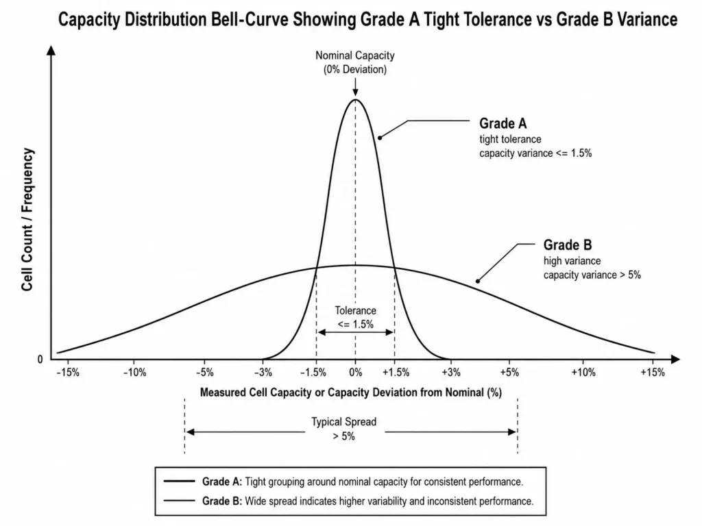 Grade A vs Grade B capacity variance bell curve showing tight and wide cell distributions.