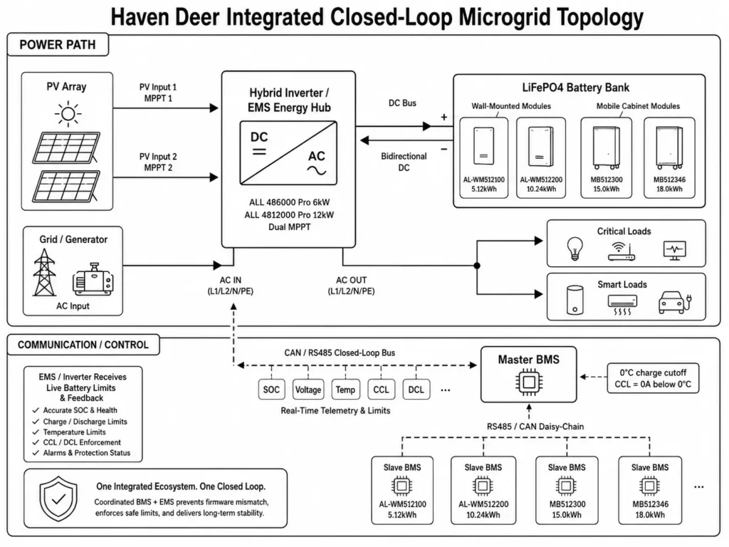 Haven Deer closed-loop microgrid topology with hybrid inverter, LiFePO4 battery bank, BMS, EMS, CAN and RS485.