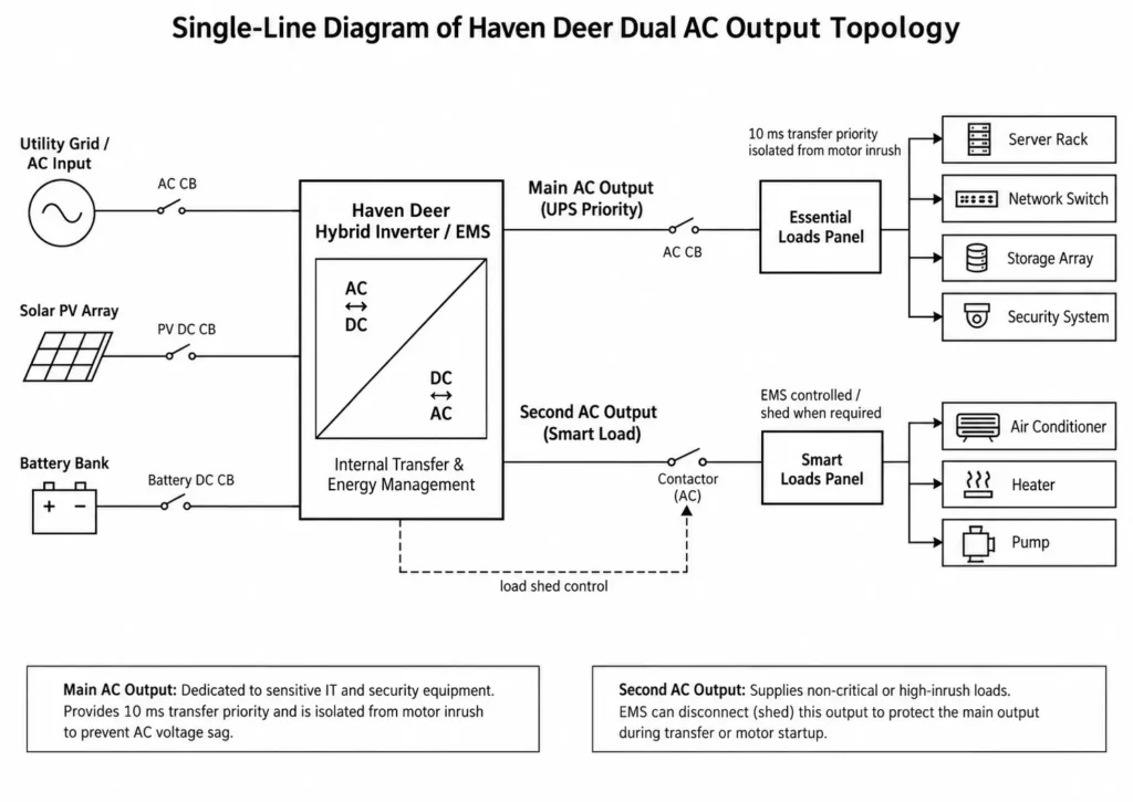 Haven Deer dual AC output topology showing UPS-priority main loads and EMS-controlled smart loads.
