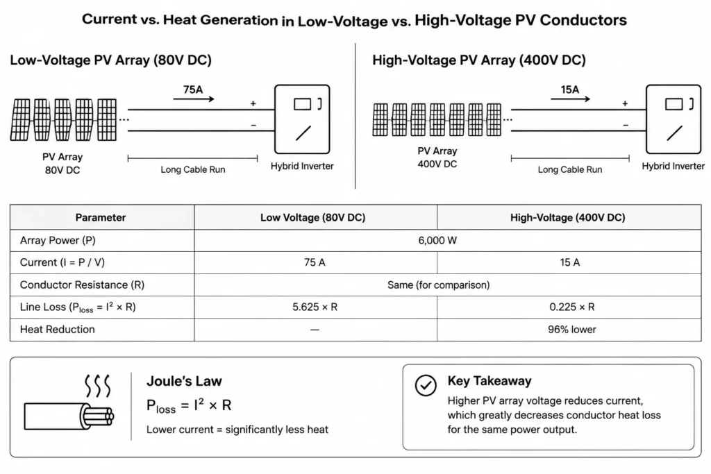 High-Voltage MPPT comparison of current and heat generation in low-voltage vs. high-voltage PV conductors