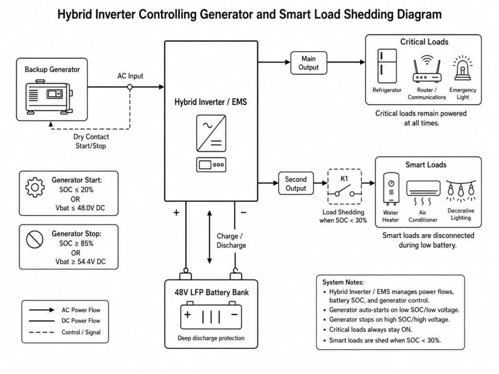 Hybrid inverter controlling backup generator auto-start and smart load shedding with LFP battery, critical loads, and EMS dry contact control