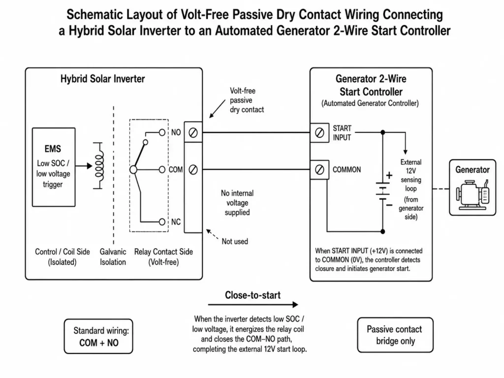 Technical wiring schematic showing passive dry contact NC NO COM connections from hybrid solar inverter to generator ATS module.