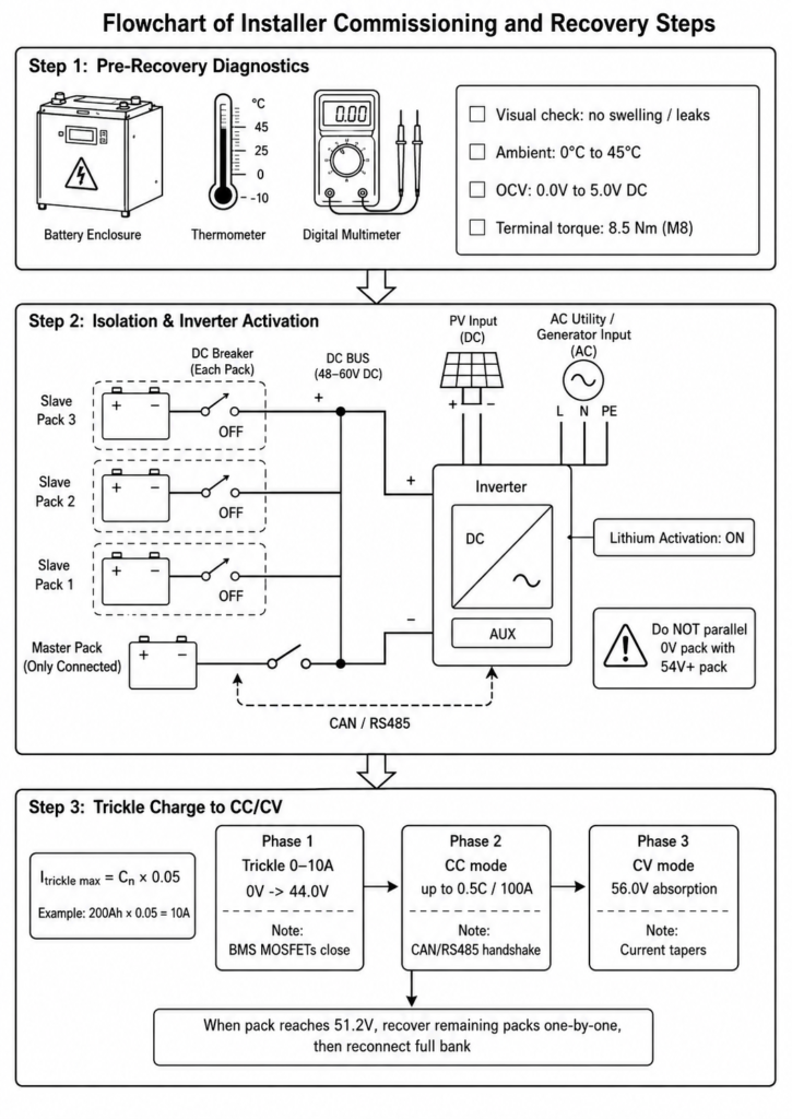 Flowchart of installer commissioning and recovery steps for LFP battery under-voltage lockout, showing pre-recovery diagnostics, inverter activation, CAN RS485 communication, and controlled trickle charging to CC CV mode.