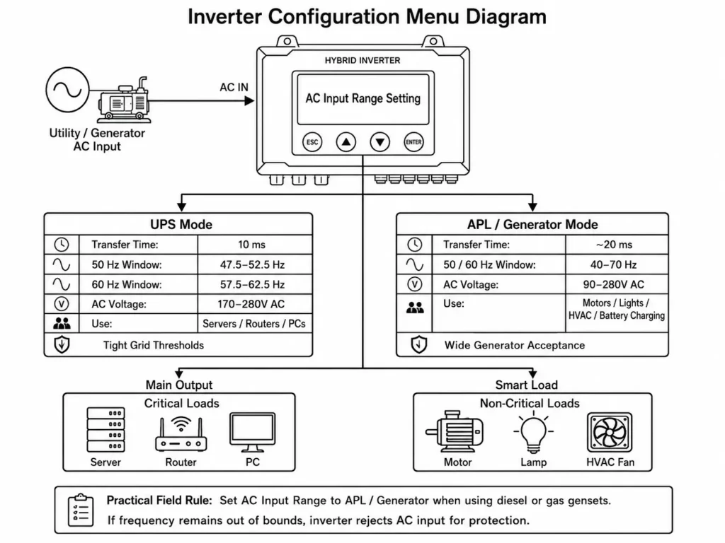 Inverter AC input mode configuration diagram comparing UPS and APL generator settings.
