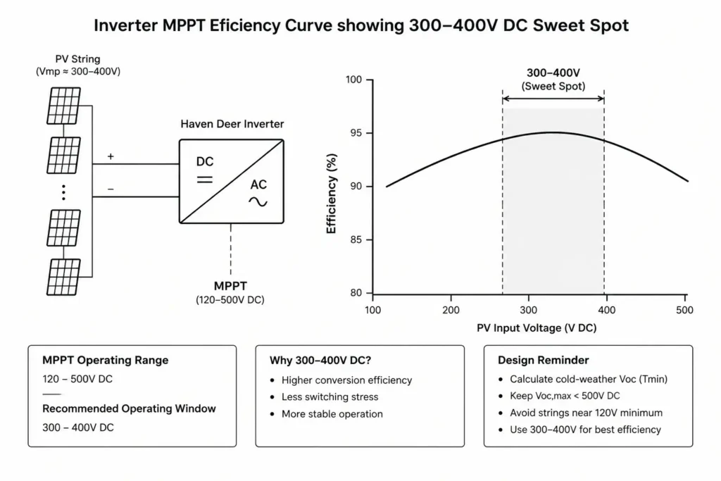 High-Voltage MPPT inverter efficiency curve showing the 300–400V DC sweet spot for peak performance