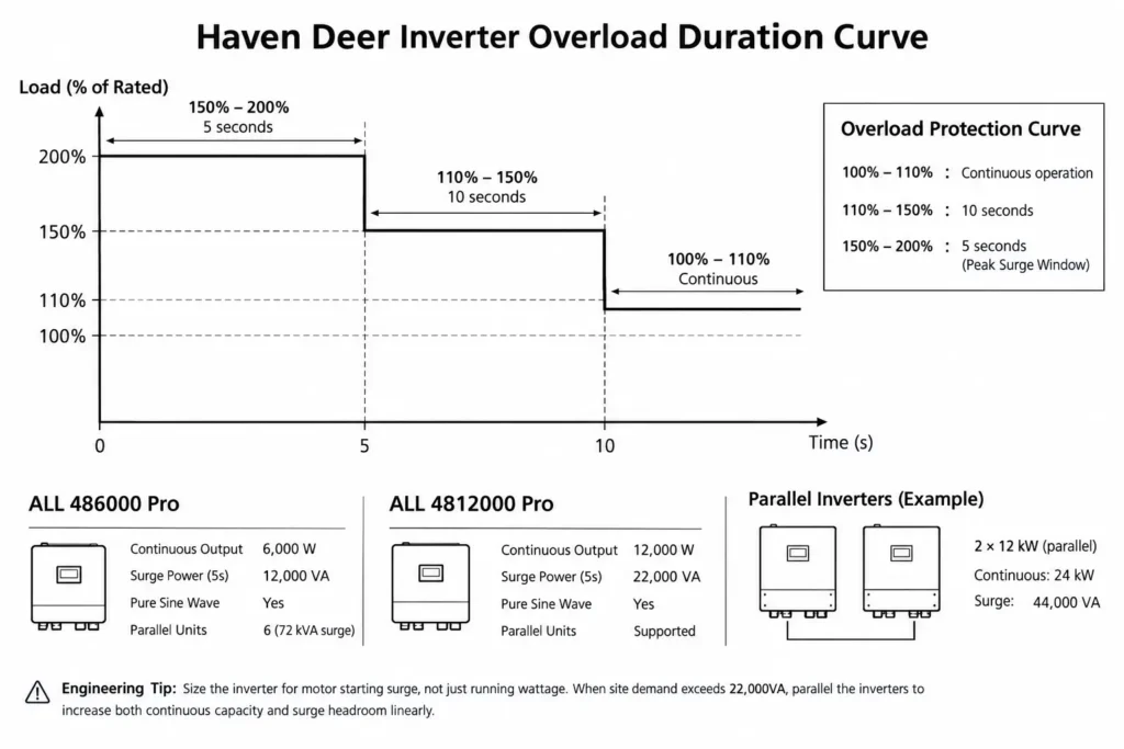 Inverter surge capacity overload duration curve showing load limits, surge times, and Haven Deer inverter ratings.
