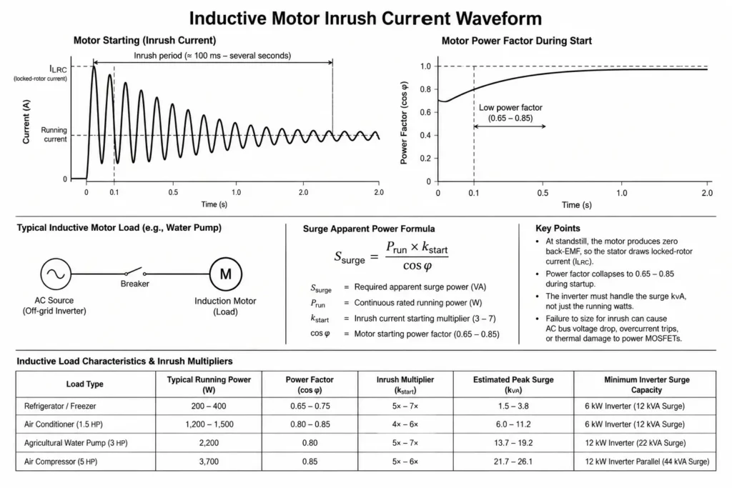 Inverter surge power waveform showing induction motor inrush current, startup peaks, and power factor recovery.