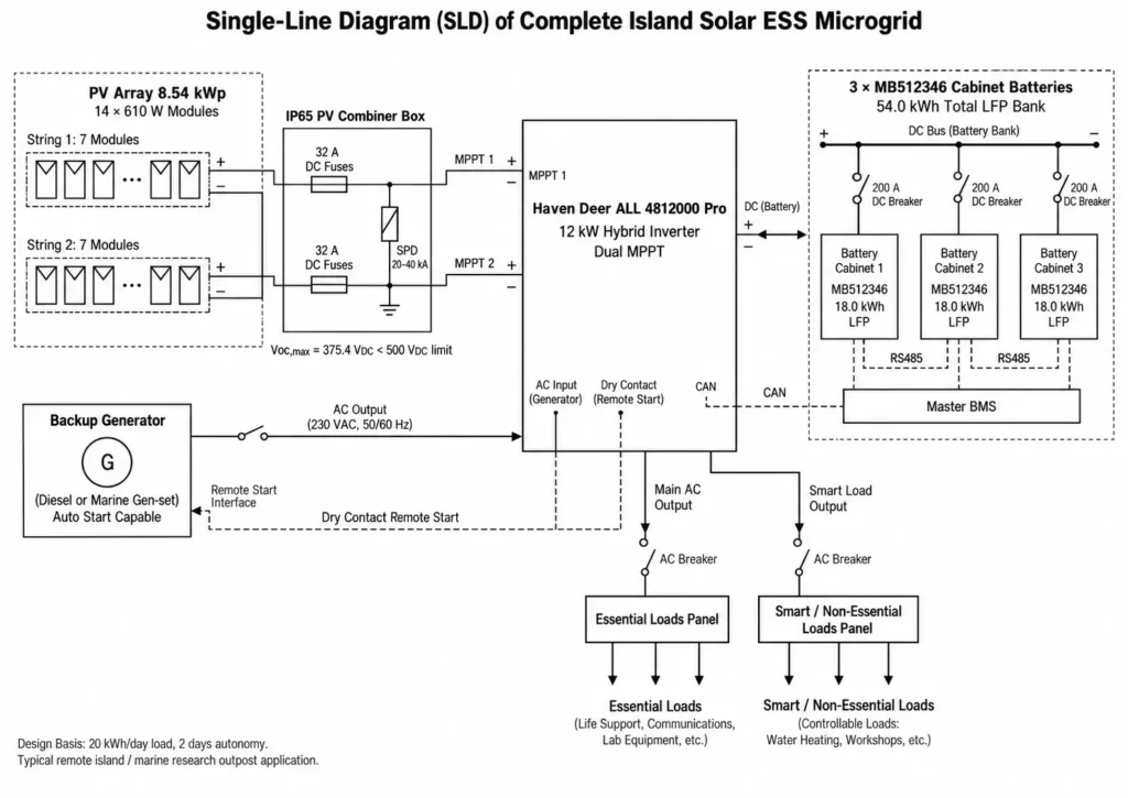 Island solar ESS microgrid SLD showing PV, battery bank, hybrid inverter, generator, and dual AC loads.