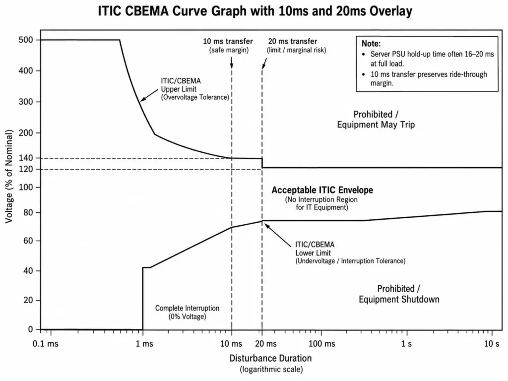 ITIC CBEMA curve with 10ms and 20ms transfer overlays showing server PSU ride-through limits.