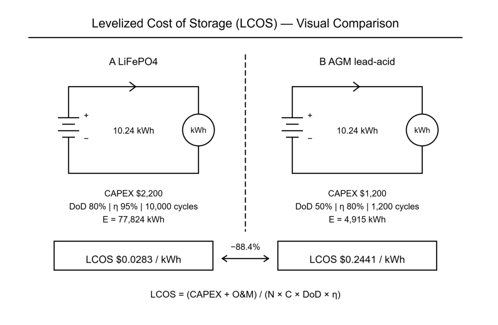 LiFePO4 cycle life drives lower levelized cost of storage (LCOS) in this side-by-side visual comparison