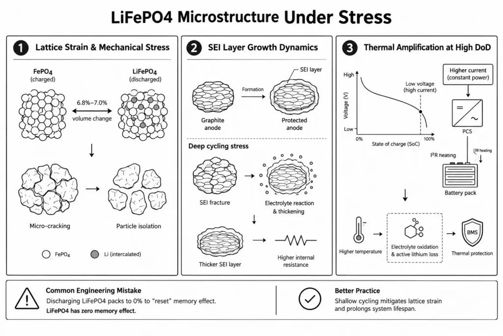 LiFePO4 cycle life diagram showing electrode microstructure changes in a battery cell under stress
