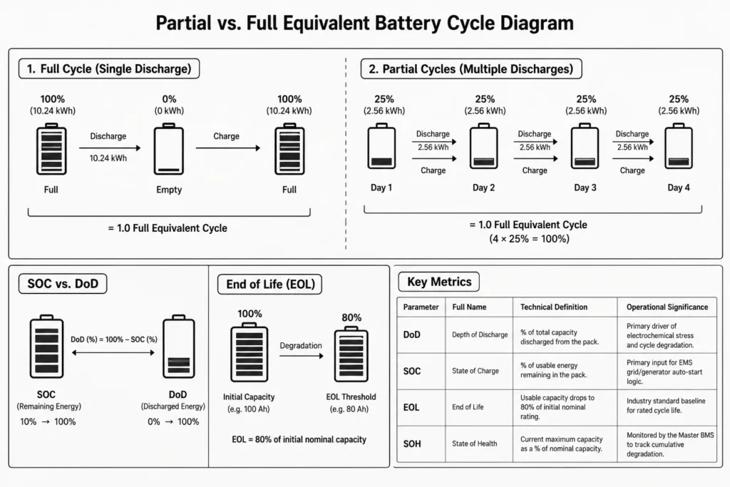 LiFePO4 cycle life diagram comparing partial vs. full equivalent battery cycles and cumulative usage