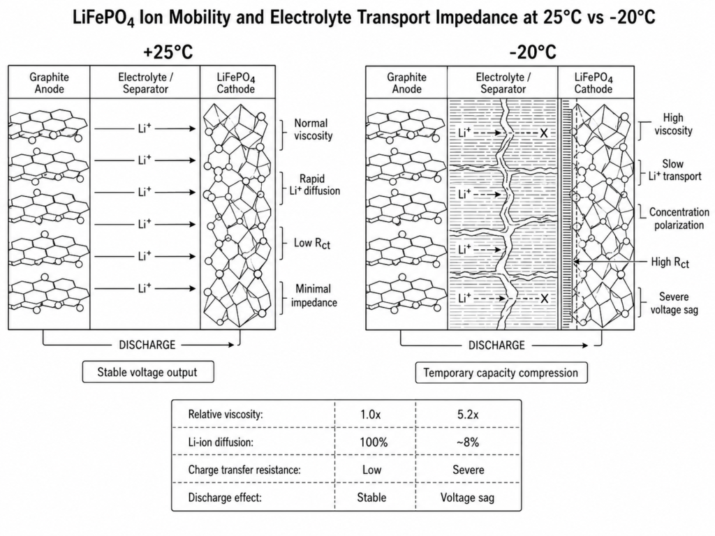 LiFePO4 ion mobility and electrolyte transport impedance comparison between 25°C and -20°C showing electrolyte viscosity increase, reduced lithium-ion diffusion, higher charge transfer resistance, and voltage sag during cold temperature discharge