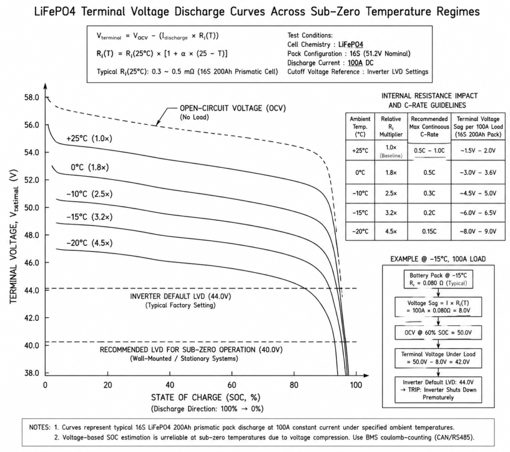 Discharge voltage curves of LiFePO4 battery from 25C down to -20C