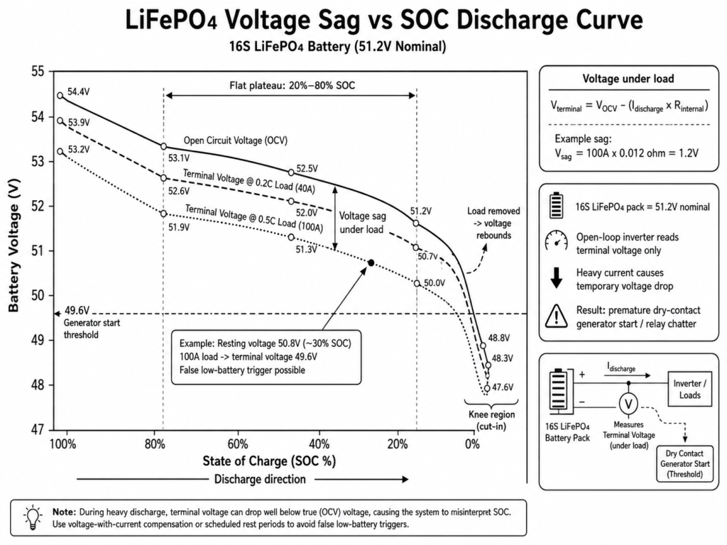 LiFePO4 voltage sag vs SOC discharge curve showing 16S 51.2V battery flat voltage plateau, terminal voltage drop under load, and false low battery trigger caused by voltage sag