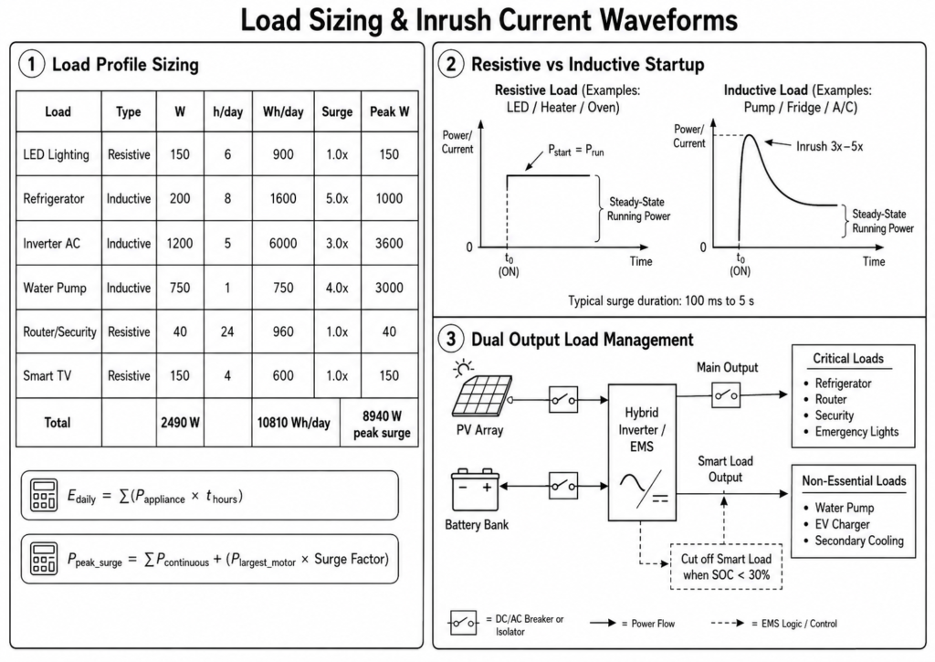 Black and white electrical engineering schematic showing load sizing analysis, resistive and inductive load startup waveforms, inrush current surge characteristics, and hybrid inverter dual output load management for off-grid solar energy storage systems.