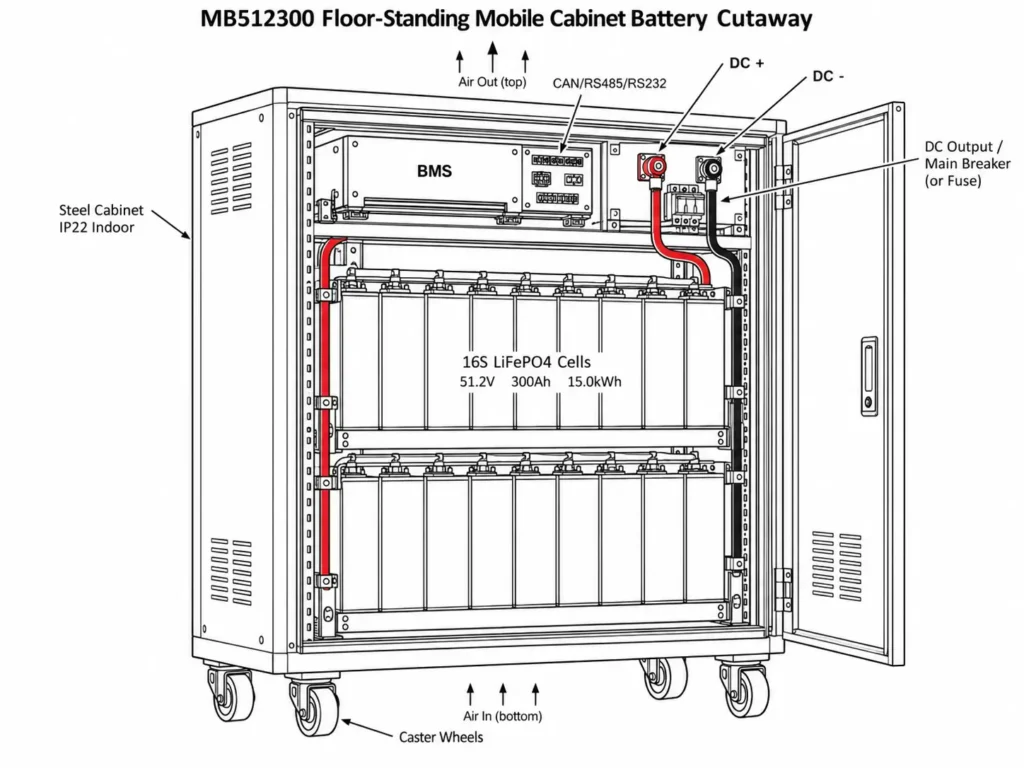 MB512300 mobile cabinet battery cutaway showing 16S LiFePO4 cells, BMS, DC terminals and caster wheels.