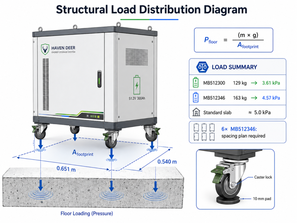 Technical schematic showing point load pressure vectors of 163kg mobile battery cabinet on floor surface.