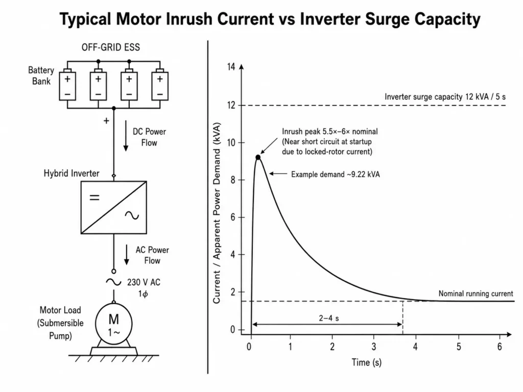Motor inrush current inverter surge capacity diagram showing a 6× startup current peak and steady running demand.