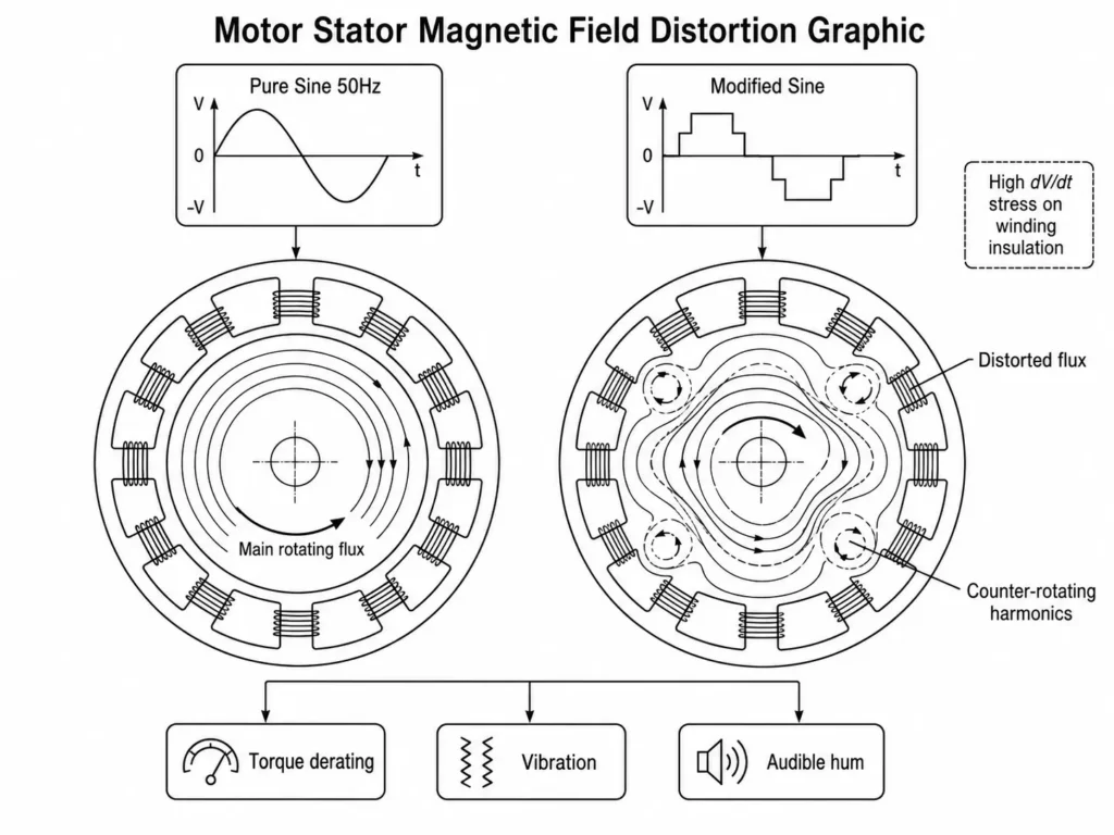 Motor stator magnetic field distortion caused by modified sine wave harmonics and counter-rotating flux.