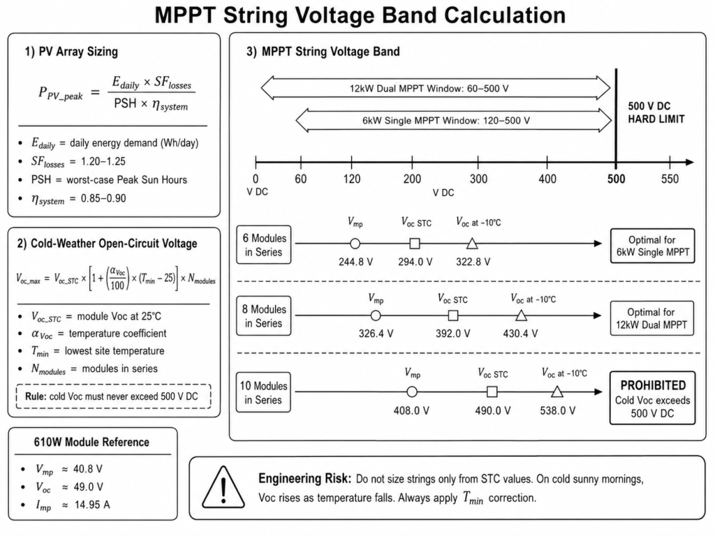 MPPT string voltage band calculation diagram showing PV module series configuration, cold-weather Voc rise correction, 6kW and 12kW inverter MPPT voltage ranges, and 500V DC overvoltage limit analysis