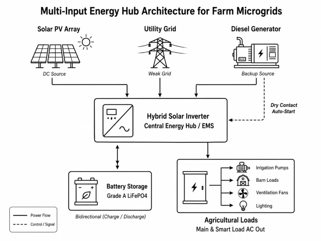 Multi-input energy hub architecture showing PV, grid, generator, battery storage, and farm microgrid EMS connections.