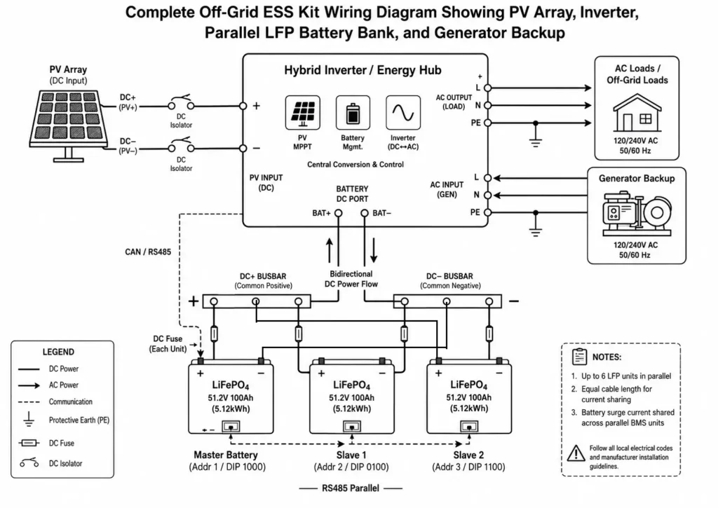 Off-grid ESS wiring diagram showing PV array, hybrid inverter, parallel LFP battery bank, generator backup, and AC loads.