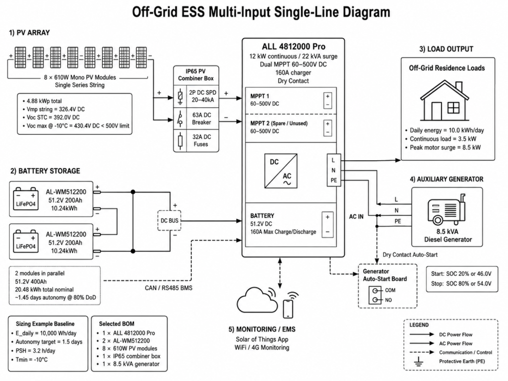 Off-Grid ESS multi-input single-line diagram showing 8-panel PV array, IP65 PV combiner box, ALL 4812000 Pro hybrid inverter, two AL-WM512200 wall-mounted LiFePO4 batteries in parallel, off-grid residence loads, 8.5 kVA diesel generator auto-start connection, and EMS monitoring.