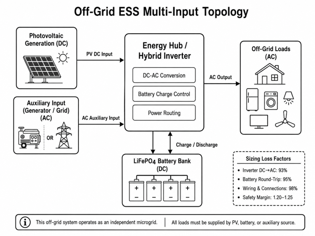 Off-grid ESS multi-input topology diagram showing photovoltaic DC generation, hybrid inverter energy hub, LiFePO4 battery bank, auxiliary generator or grid input, and AC load power flow architecture.