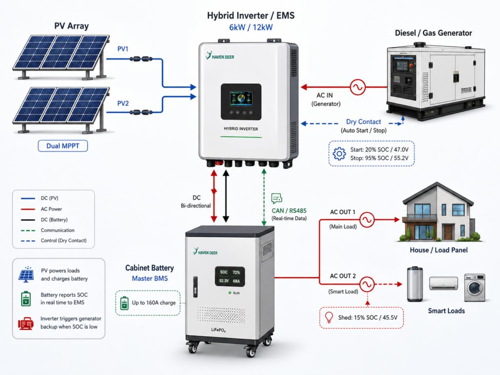 Single line electrical diagram of 12kW hybrid inverter connected to 18kWh mobile cabinet battery and automated backup generator.