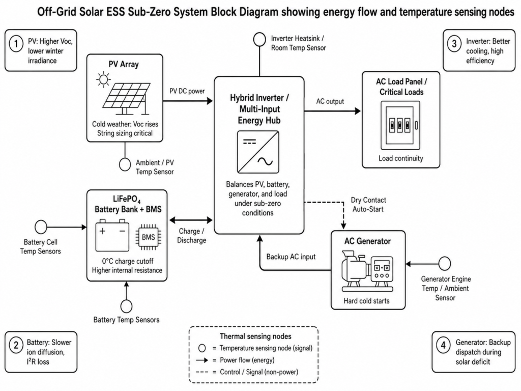 Off-grid solar ESS sub-zero system block diagram showing energy flow between PV array, hybrid inverter, LiFePO4 battery bank, AC generator, critical loads, and temperature sensing nodes for cold climate operation.