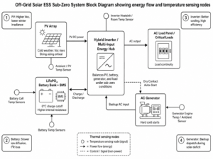 Off-grid solar ESS sub-zero system block diagram showing energy flow between PV array, hybrid inverter, LiFePO4 battery bank, AC generator, critical loads, and temperature sensing nodes for cold climate operation.