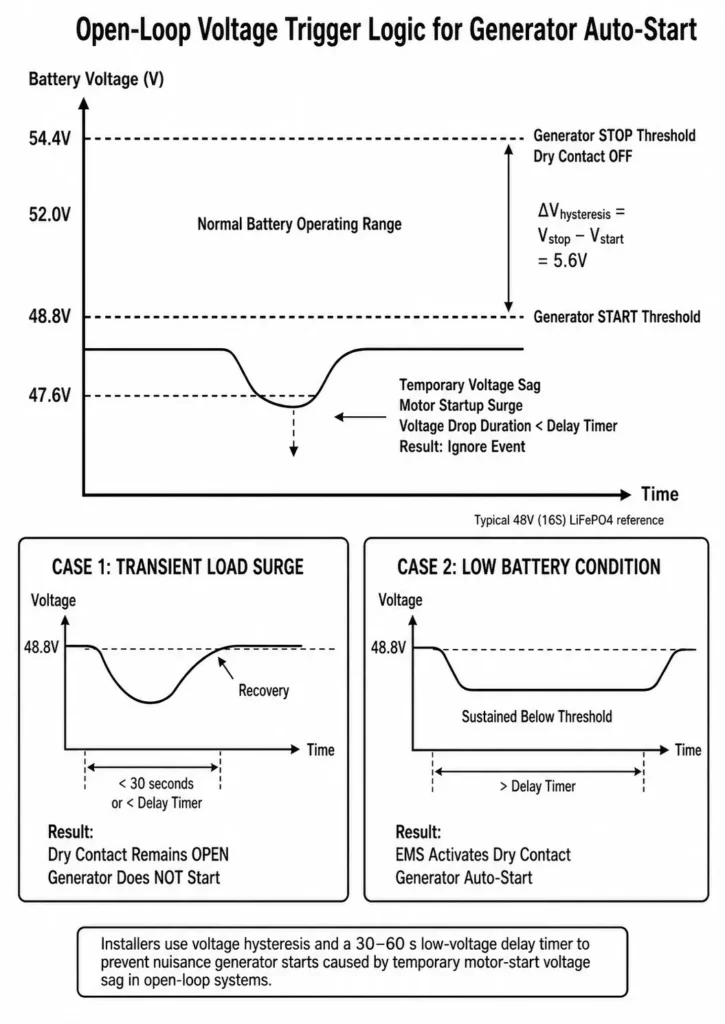 Open-loop voltage trigger logic showing generator auto-start thresholds, hysteresis, and delay timer.