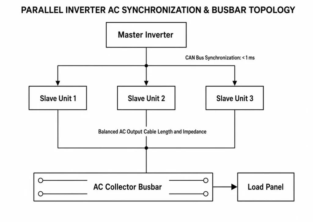 Parallel inverter AC synchronization and busbar topology with master-slave CAN control and load panel.