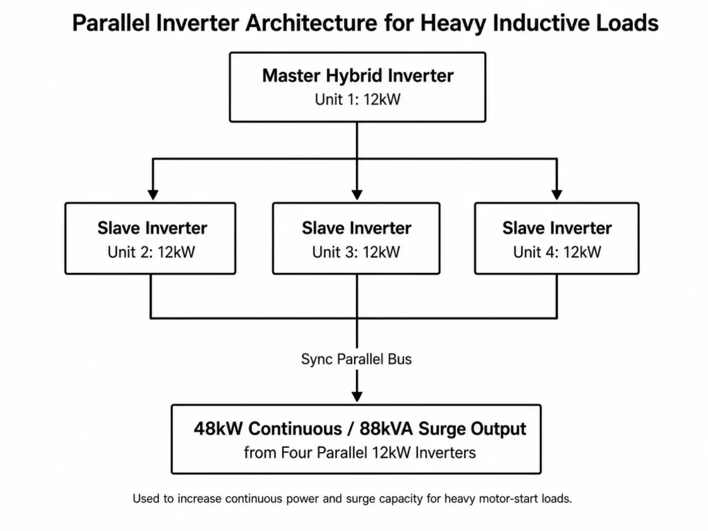 Parallel inverter architecture showing master-slave hybrid inverters for heavy inductive loads with synchronized power output.