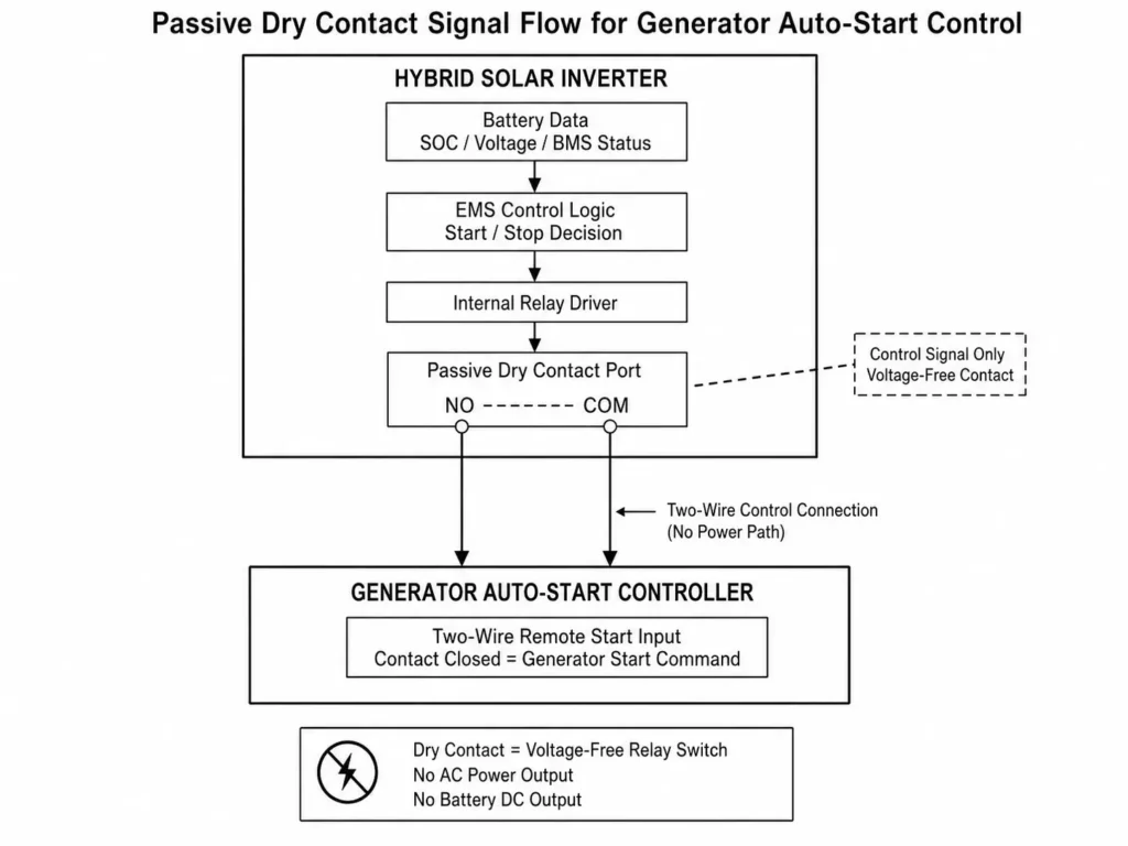 Passive dry contact signal flow from hybrid inverter EMS to generator auto-start controller.