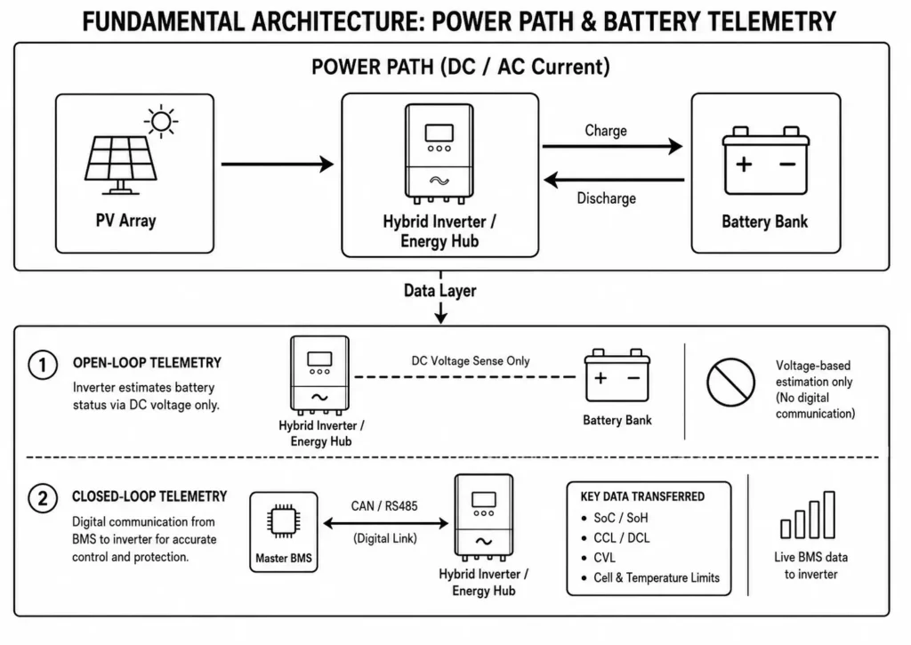 Power path and battery telemetry architecture showing PV, hybrid inverter, battery, and CAN/RS485 data flow.